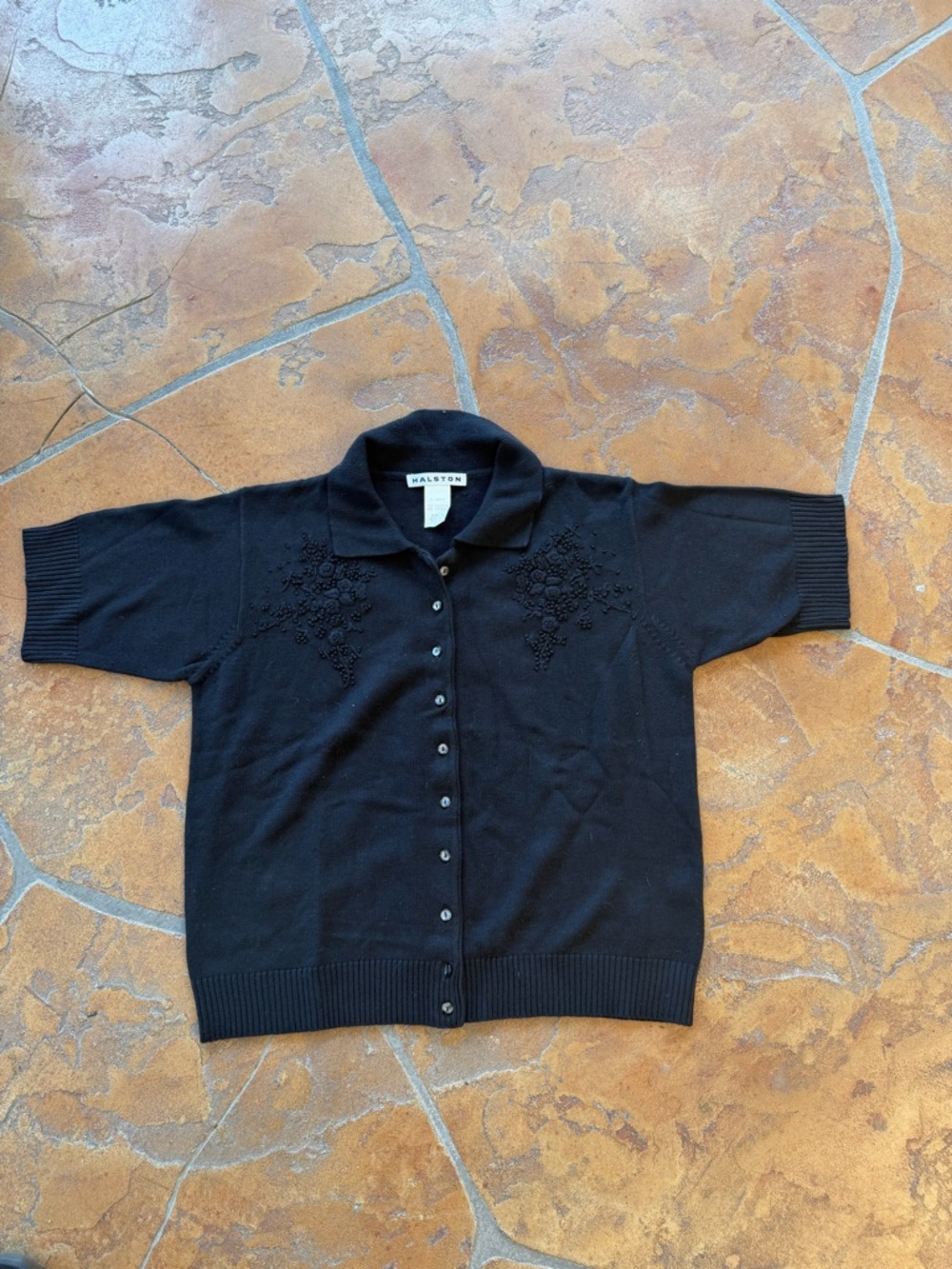 * RARE* Vintage Halston 70s Black Short Sleeve Button embroidered Cardigan -M